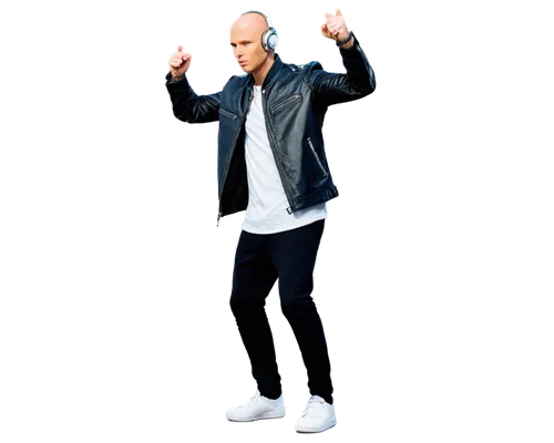 Elegant DJ, male, shiny bald head, gold chain necklace, black leather jacket, white shirt, silver watch, DJ headphones, mixing console, flashing stage lights, dynamic dance moves, low-angle shot, wide