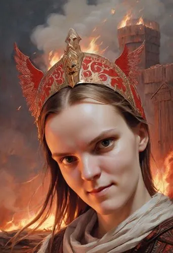 Severe ancient Slavic warrior, with a shield and winged spear, in a long white tunic with red patterns, on the background of a burning wooden fortress, a very dark night,joan of arc,fantasy portrait,e