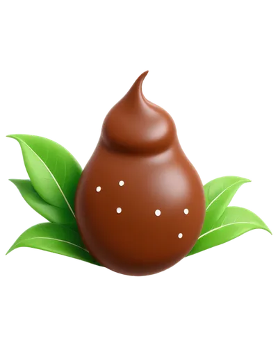 Cartoon poop, brown color, rounded shape, glossy surface, sparkles on top, green leaves around, isolated object, centered composition, bright colors, 3D rendering, high contrast lighting, PNG transpar