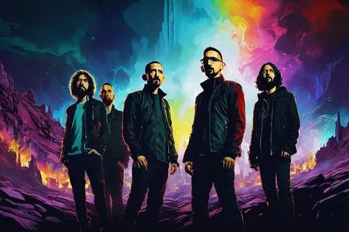 Linkin Park Meteora artwork, Chester Bennington, Mike Shinoda, Brad Delson, Dave Phoenix Farrell, Rob Bourdon, atmospheric background, vibrant colors, glowing lights, abstract shapes, metallic texture