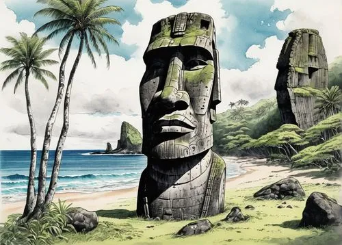 easter island,rapa nui,easter islands,the moai,moai,rapanui,olmec,heiau,polynesians,olmecs,menehune,kaahumanu,taino,polynesian,kahekili,tangaroa,tahitians,tikis,taharqa,tiki,Illustration,Paper based,Paper Based 30