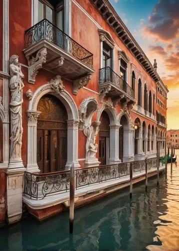 Venetian architecture, grand canal, Baroque style, ornate stone carvings, arched windows, Gothic elements, intricate marble decorations, golden accents, majestic columns, balconies with iron railings,