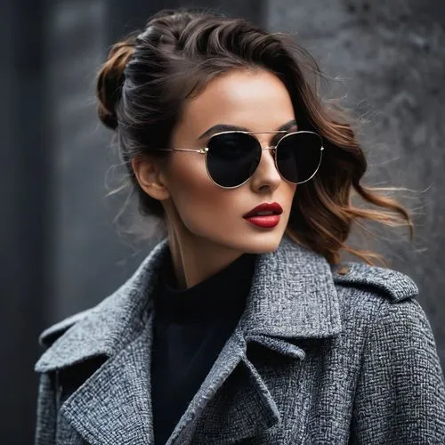 aviator sunglass,black coat,ray-ban,woman in menswear,aviator,trench coat,sunglasses,fur coat,sunglass,eyewear,lace round frames,overcoat,smart look,spectacles,women fashion,shades,long coat,coat,eye glass accessory,silver framed glasses,Photography,General,Fantasy