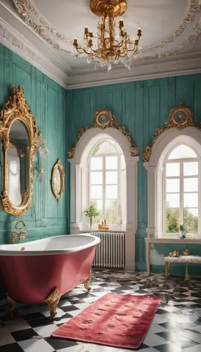 luxury bathroom,ornate room,bathtub,beauty room,rococo,bath,danish room,bathroom,interior design,art nouveau design,damask,interior decoration,ornate,ceramic floor tile,tub,baroque,victorian style,baths,interior decor,the girl in the bathtub,Photography,General,Natural