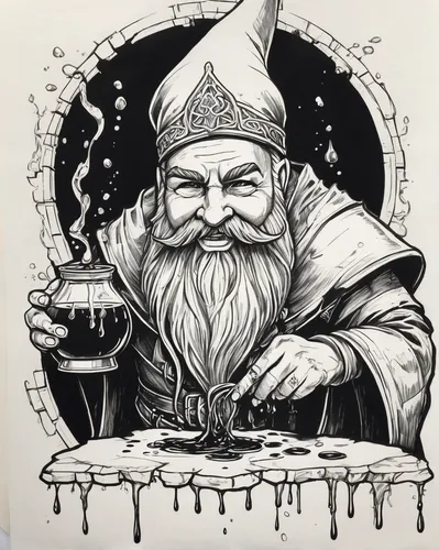 the wizard,wizard,dwarf cookin,gandalf,scandia gnome,christmas gnome,gnomes at table,magus,father frost,gnome,st claus,saint patrick,gnome and roulette table,dwarf sundheim,saint nicholas' day,gnomes,candlemaker,coloring page,alchemy,saint nicolas,Illustration,Black and White,Black and White 34