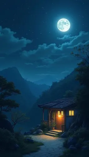 night scene,world digital painting,mid-autumn festival,moonlit night,japan's three great night views,lonely house,Illustration,Vector,Vector 03