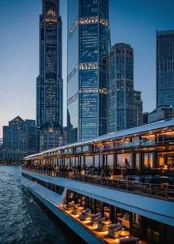 Navy Pier, Chicago, evening time, golden hour, architecture river cruise, luxurious yacht, white sails, sleek design, chrome accents, floor-to-ceiling windows, VIP lounge area, champagne toast, live j