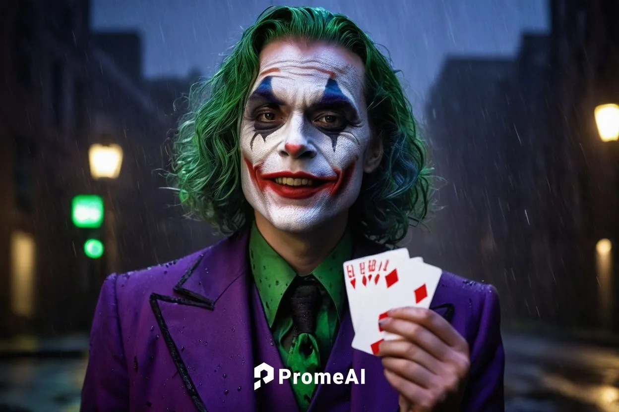 Joker, Martha Wayne, Gotham City, Arkham Asylum, dark alleyway, night scene, dim streetlights, rain, foggy atmosphere, Joker's iconic purple suit, green hair, pale complexion, sinister grin, maniacal 