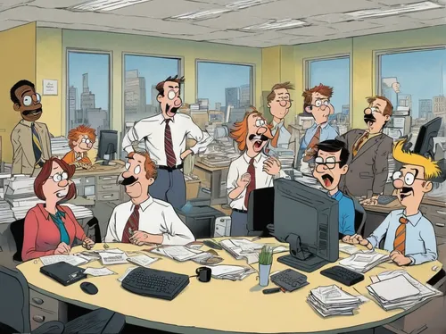 A hilarious comedy set in a chaotic office environment, where a group of coworkers must come together to pull off an outrageous prank.,call center,cartoon people,human resources,call centre,business p