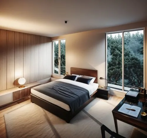 study table
,a large bedroom has windows and a large bed,japanese-style room,modern room,sleeping room,bedroom,guest room,bedrooms