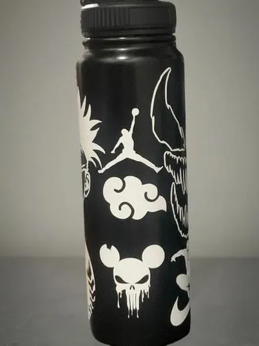 vacuum flask,coffee tumbler,spray can,poison bottle,skull and crossbones,wash bottle,glow in the dark paint,manson jar,water bottle,spray cans,black water,flask,canister,beverage can,drinking bottle,c