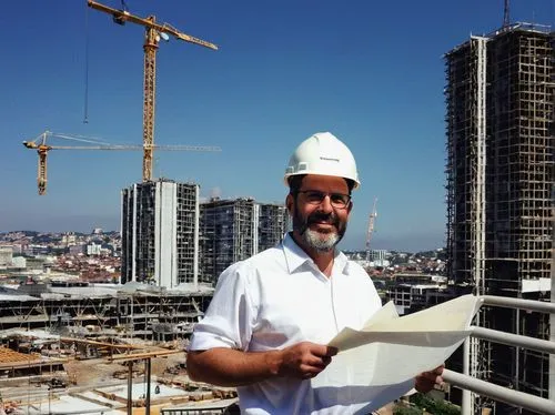 Andrea Deplazes, constructing architecture, Italian architect, middle-aged man, glasses, short black hair, beard, white shirt, blue jeans, brown leather belt, holding blueprints, standing, constructio