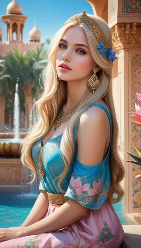 charming, beautiful, sweet young girl, long blonde hair, beautiful eyes, pale pink lips, dressed like an Arabian princess, happy, sitting near a huge beautiful fountain with flowers, blooming gardens 