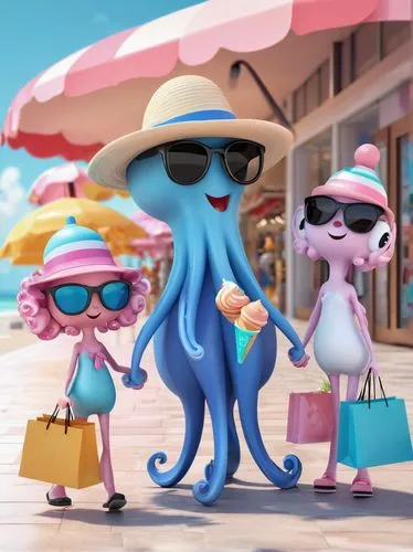 Octopus family walking inside a shopping plaza with a shopping bags, black glasses, with ice cream, and a beach hat,vacationers,beach goers,bahamonde,fashionistas,tourists,holidaymakers,beachgoers,mad