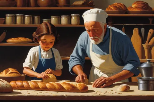 Write a heartwarming scene of a baker teaching a young child how to make bread.,girl with bread-and-butter,bakery,fresh bread,baking bread,bakery products,schnecken,kolach,knead,pane,breadbasket,chall