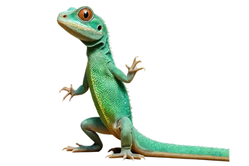 Green lizard, scaly skin, long tail, sharp claws, big eyes, standing on hind legs, front legs raised, mouth open, tongue out, shiny scales, detailed texture, warm color tone, soft lighting, 3/4 compos