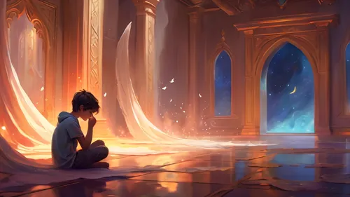 hall of the fallen,games of light,girl praying,light bearer,meditation,aladdin,meditate,glow of light,offering,fantasia,sanctuary,the pillar of light,inner light,woman praying,ruins,wishing well,wishes,white temple,sacred lotus,hours of light,Illustration,Realistic Fantasy,Realistic Fantasy 01