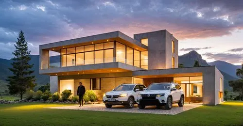 Exterior view of a country house located in the rural area of Tarija, Bolivia, surrounded by lush trees with mountain views on a sunny spring day. The design features wood-framed glass windows, yellow