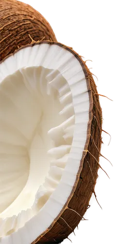 Cross-section of coconut, white inner flesh, brown outer shell, curved shape, detailed texture, cracked surface, natural material, warm color tone, soft lighting, close-up shot, shallow depth of field