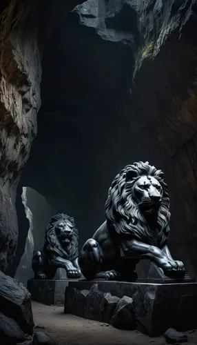 Huge black statues of stone lions in a black sinister cave are guarding the passage in dark,cave tour,guards of the canyon,catacombs,cave,lava cave,the wolf pit,speleothem,the blue caves,pit cave,glac