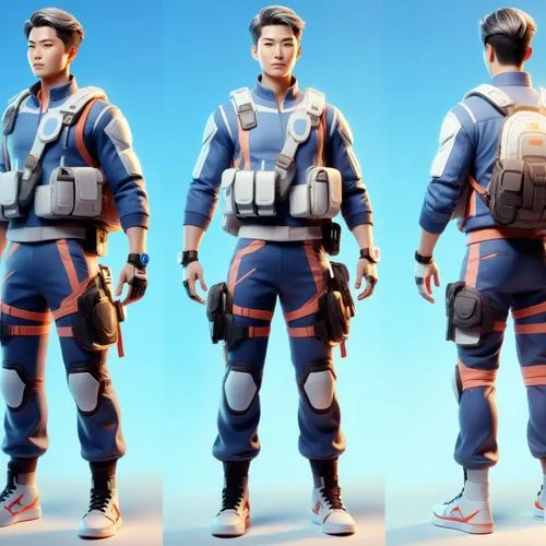 referencia personaje,reference the three images show a man with different equipment,astronaut suit,aquanaut,spacesuit,sityodtong,taikonauts,shenzhou,Unique,3D,3D Character