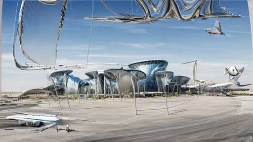 sustainable airport in arbia,futuristic art museum,sky space concept,futuristic architecture,futuristic landscape,solar cell base,cube stilt houses,airships,concept art,panoramical,alien ship,transpor