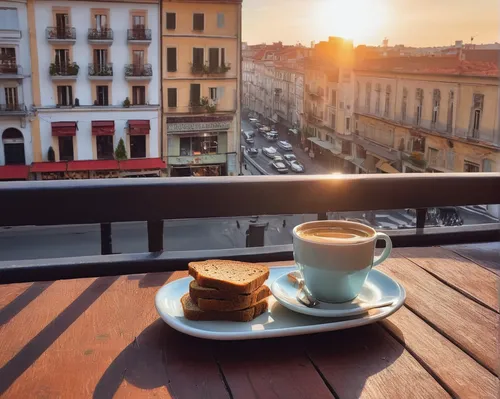 Compose a vivid description of a peaceful morning in a cozy caf￩, with the scent of freshly toasted sprouted bread filling the air.,cortado,caffè macchiato,parisian coffee,cuban espresso,marocchino,fr