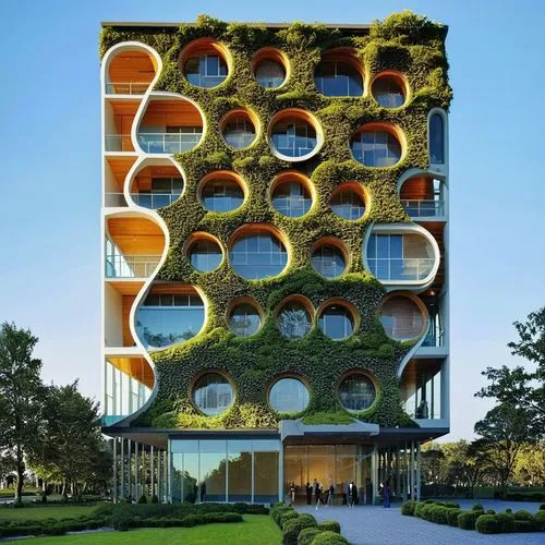 a large tower building covered with green plants,building honeycomb,bjarke,apartment building,interlace,hotel w barcelona,apartment block,Photography,Artistic Photography,Artistic Photography 09