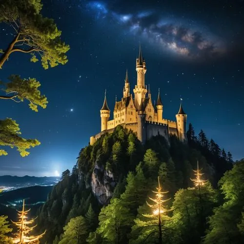 a forest at night. many stars are sparkling in the dark sky. There is castle in the backgorund, only one winodw in the tower is lit up. on a cliff in the near the silhouette of a dragon is watchinh,a 