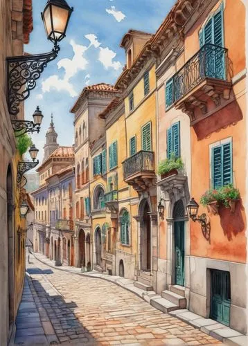 Rossi architecture, urban cityscape, grand historic buildings, ornate Baroque details, curved lines, sweeping arches, intricate stone carvings, weathered copper roofs, vibrant colorful frescoes, crowd