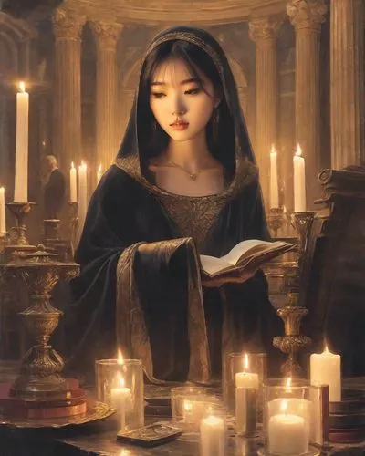 In the center of a stone-framed room, surrounded by the soft hum of candles, its petals forming intricate patterns in a velvety cloak. The room is dark and gloomy, evoking a mysterious aura. The light