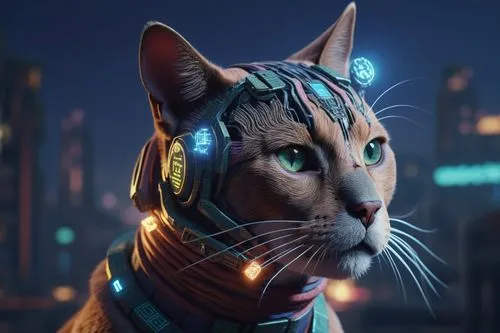 the head of an orange cat in futuristic clothing, with glowing eyes,kittani,eqecat,liara,bubastis,bastet,mau,Photography,General,Sci-Fi