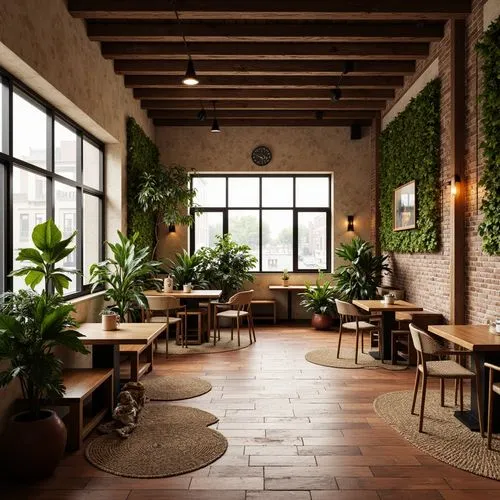 patios,potted plants,teahouse,teahouses,the coffee shop,coffee shop,patio,officine,packinghouse,breakfast room,loft,boxwoods,houseplants,cafetorium,wooden beams,house plants,a restaurant,tile kitchen,indoor,dining room