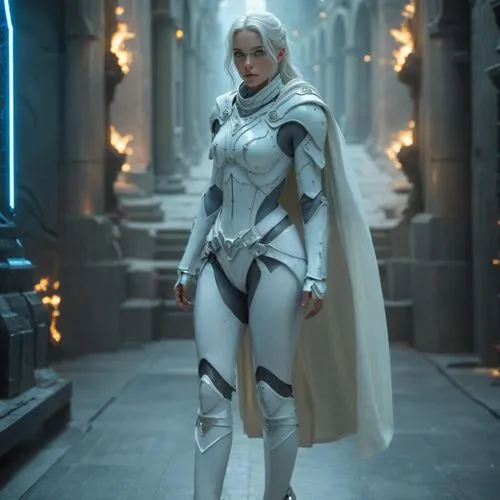 a beautiful woman in intricate futuristic white armor, adepta sorita, sister of battle, pale skin, blue glowing eyes, full body, curvy body, realistic, cinematic, ,a woman wearing white suit and cape 