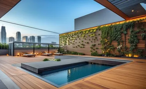  "A luxurious rooftop garden for a boutique hotel, featuring a stunning swimming pool surrounded by lush greenery. The design incorporates concrete with an exposed finish, complemented by wooden eleme