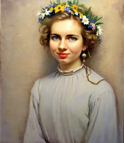 Young girl. On the head is a wreath with wildflowers. Painting in the style of Diego Rodriguez de Silvi Velazquez. Impasto multi-layer painting technique.,portrait of a girl,girl in flowers,girl in a 