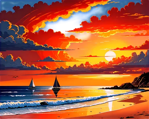 coast sunset,sunset beach,sunrise beach,beach landscape,beach scenery,dream beach,sailboats,seascape,sun and sea,sunset,sea landscape,beautiful beach,coastal landscape,beach background,sand coast,sailboard,mountain beach,sailing boats,eventide,beautiful beaches,Illustration,American Style,American Style 13