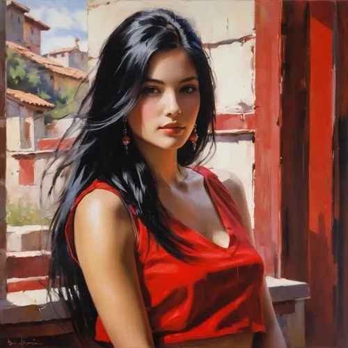 A portrait of a young woman with long black hair, she is wearing a red crop top, this painting exudes confidence and charisma,man in red dress,italian painter,vietnamese woman,asian woman,oil painting