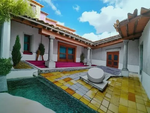 DISEÑO DE UNA CASA ESTILO MEXICANO MODERNO, CON UN CLAUSTRO CONFORMADO POR UNA TERRAZA  A BASE DE VIGAS DE MADERA, TEJA, COLUMNAS REDONDAS, EN EL CENTRO UN ESPEJO DE AGUA, CON EL ESTILO DE LA ARQUITEC