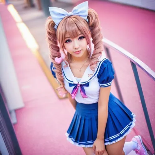 Gyaru, Japanese idol, cute face, twin tails, colorful hair clips, bold eyeliner, pink lips, sailor fuku, short pleated skirt, white socks, brown loafers, posing, leaning forward, sparkles, glitter, pa