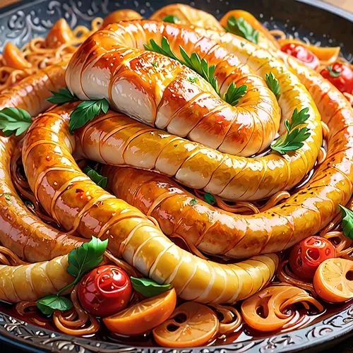 sausage platter,colorful pasta,sausage plate,cavatelli,hungarian food,baked shrimp with glass noodles,sicilian cuisine,glass noodle salad,shrimp pasta,sliced tangerine fruits,eastern european food,passatelli,paella,seafood pasta,italian sausage,cumberland sausage,sweet and sour fish,surimi,arrabbiata sauce,italian cuisine,Anime,Anime,General