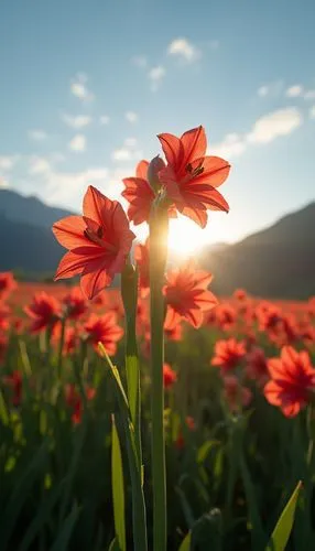 flower in sunset,red orange flowers,orange red flowers,alpine flowers,orange flowers,flower field,Photography,General,Realistic