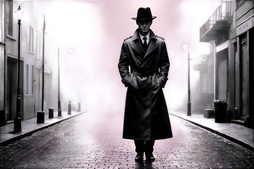 True noir image, black and white, mysterious atmosphere, dark shadows, low-key lighting, wet pavement, city street at night, foggy, solo figure in distance, trench coat, fedora hat, cigarette smoke, 3