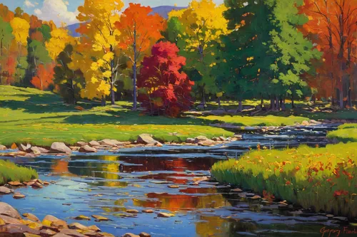 early fall by american painter gregory frank harris  early fall by american painter gregory frank harris 1953 rehs,fall landscape,autumn landscape,river landscape,flowing creek,brook landscape,fall fo