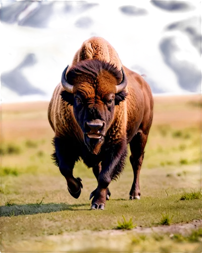 Wild bison, American buffalo, majestic posture, shaggy brown fur, curved horns, strong muscles, galloping action, green grassland background, warm sunlight, soft focus, shallow depth of field, cinemat