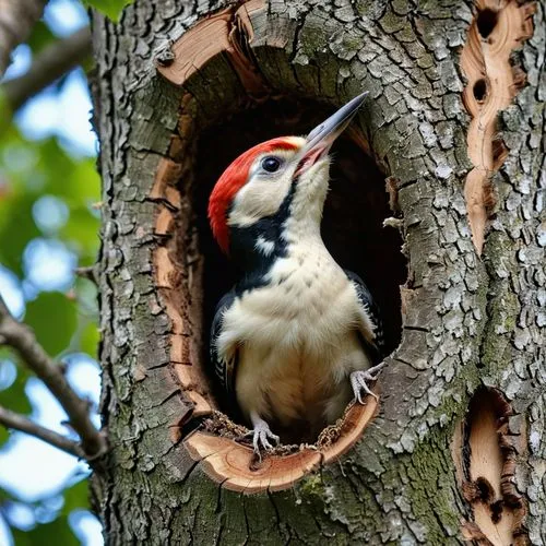 A woodpecker peeks out of its nest hole in the tree trunk, gazing at the outside world with innocent eyes. Using a long-distance camera, an extreme close-up shot is taken. Focus on the bird's head exp