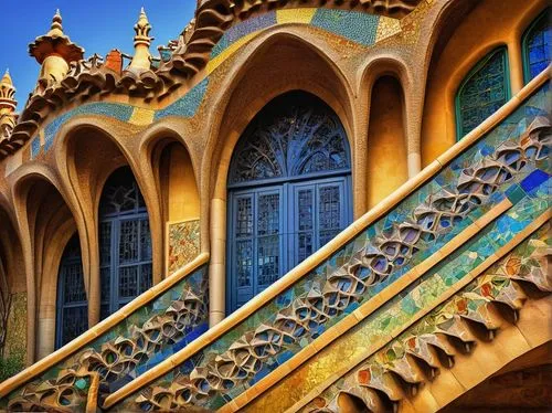 alcazar of seville,sintra,majorelle,gaudi,iranian architecture,colorful facade,guell,seville,persian architecture,ornamentation,arcaded,balustrade,sevilla,park güell,balcones,deruta,balcony,row of windows,ornamented,haveli,Conceptual Art,Daily,Daily 32