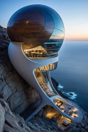 top view of an architectural masterpiece inspired by the elegant and organic form of a snail. The building should be perched on a majestic cliff, offering panoramic views of the ocean. The design shou