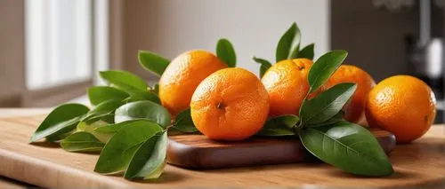 Colorful frutiger aero fruit, vibrant orange skin, glossy texture, juicy pulp, rounded shape, stems attached, leaves scattered around, wooden cutting board, kitchen counter, soft natural light, 3/4 co