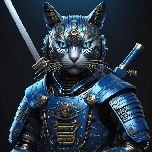 cat warrior,samurai,samurai fighter,royal tiger,armored animal,blue tiger,napoleon cat,katana,goki,animal feline,bengal cat,emperor,tiger cat,cat on a blue background,warlord,feline,alien warrior,toyger,jiji the cat,kitfo,Conceptual Art,Sci-Fi,Sci-Fi 09